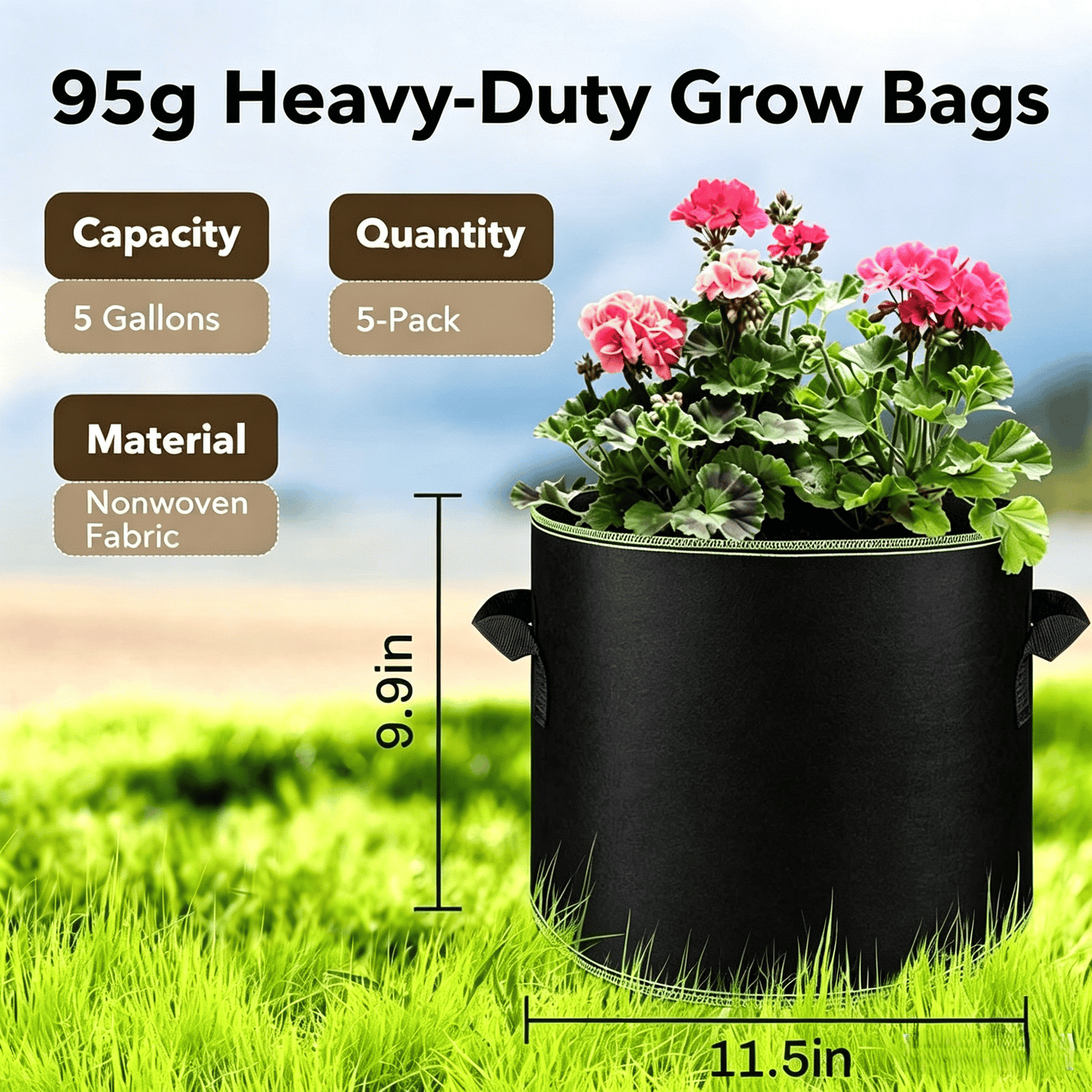 5 Gallon Grow Bags – Heavy Duty Aeration Fabric Pots with Handles for Vegetables, Flowers & Fruits