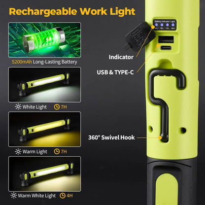 Under Hood Work Light Bar, 3000LM LED Magnetic Light Bar with Hooks, 5200mAh Cordless Rechargeable Hood Light, Single Pack, Ideal for Mechanic, Car Repair & Garage Use